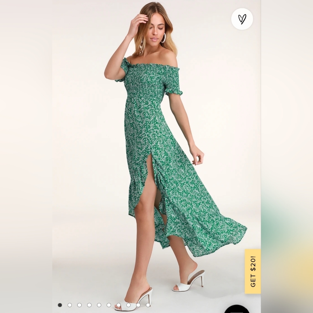 Lulu's Fleur-tation Green Floral Print Off-the-Shoulder Midi Dress